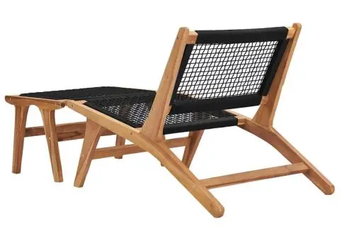 Șezlong cu taburet, lemn masiv de tec și frânghie - 3/5