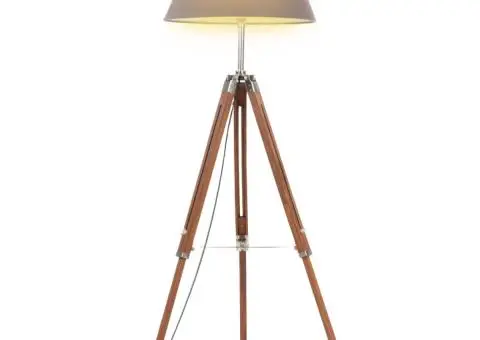 Lampă de podea trepied, maro miere și gri, 141 cm, lemn de tec - 1/5