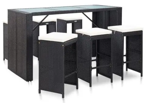 Set mobilier bar de grădină cu perne, 7 piese, negru, poliratan - 1/5