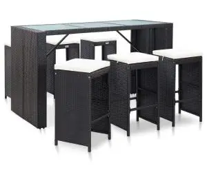 vidaXL Set mobilier bar de grădină cu perne, 7 piese, negru, poliratan