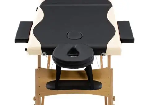 Masă pliabilă de masaj, 2 zone, negru și bej, lemn - 4/5