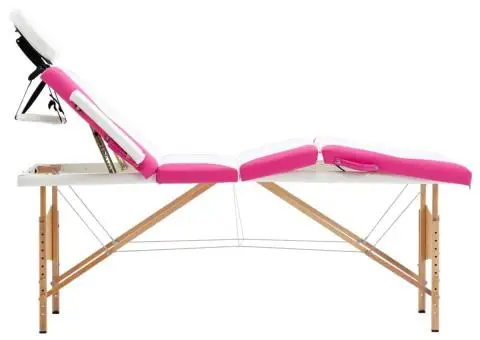 Masă pliabilă de masaj, 4 zone, alb și roz, lemn - 2/5