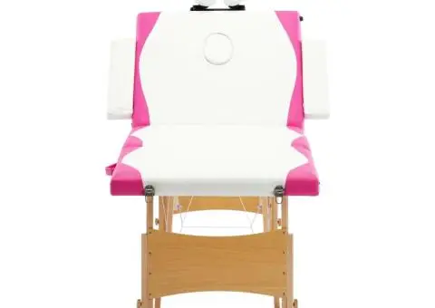 Masă pliabilă de masaj, 4 zone, alb și roz, lemn - 3/5
