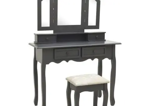 Set masă de toaletă cu taburet gri 100x40x146 cm lemn paulownia - 1/5