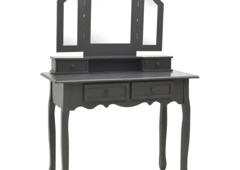 Set masă de toaletă cu taburet gri 100x40x146 cm lemn paulownia - 2/5