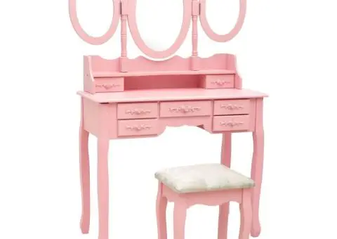 Masă de toaletă cu taburet și triptic oglinzi, roz - 1/5