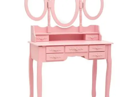 Masă de toaletă cu taburet și triptic oglinzi, roz - 2/5