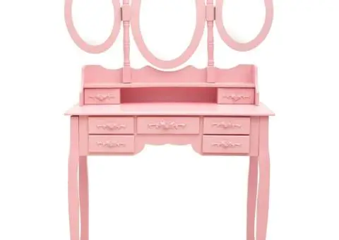 Masă de toaletă cu taburet și triptic oglinzi, roz - 3/5