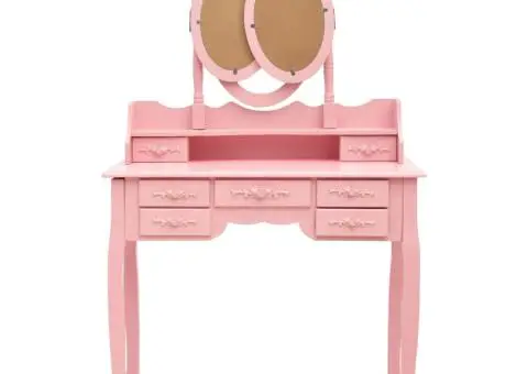 Masă de toaletă cu taburet și triptic oglinzi, roz - 4/5