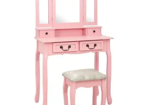 Set masă de toaletă cu taburet roz 80x69x141 cm lemn paulownia - 1/5