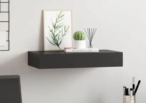 Raft de perete suspendat cu sertar, negru, 48 x 25 x 8 cm - 1/5