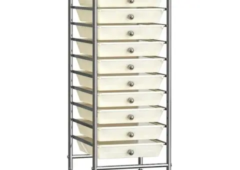 Cărucior de depozitare mobil cu 10 sertare, alb, plastic - 1/5