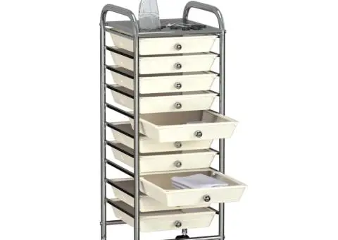 Cărucior de depozitare mobil cu 10 sertare, alb, plastic - 2/5