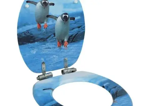 Capac WC cu închidere silențioasă, MDF, model pinguini - 1/5