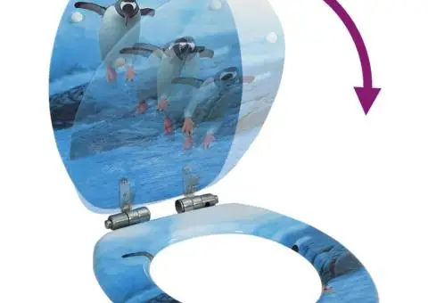 Capac WC cu închidere silențioasă, MDF, model pinguini - 2/5