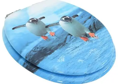 Capac WC cu închidere silențioasă, MDF, model pinguini - 3/5