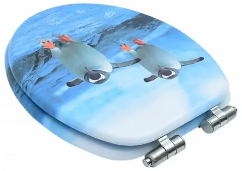 Capac WC cu închidere silențioasă, MDF, model pinguini - 4/5