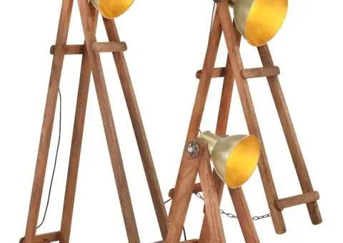 Lămpi de podea, 3 buc., alamă, lemn masiv de mango, E27 - 1/5