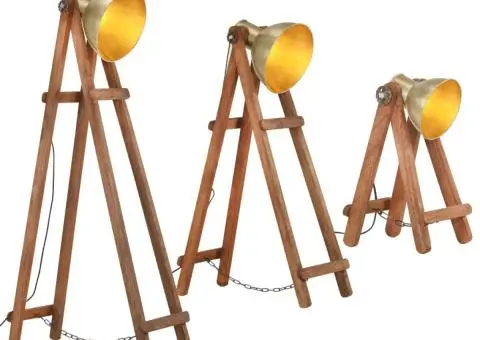 Lămpi de podea, 3 buc., alamă, lemn masiv de mango, E27 - 2/5