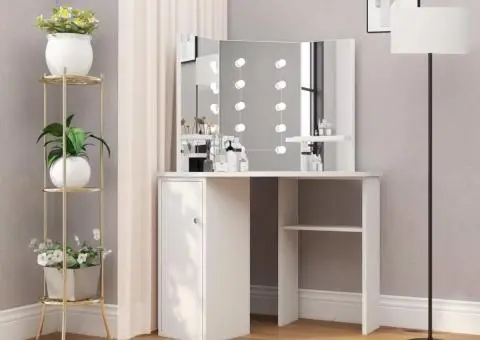 Masă pentru machiaj de colț cu lumini LED, alb - 1/5