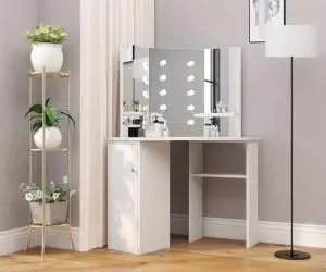 vidaXL Masă pentru machiaj de colț cu lumini LED, alb