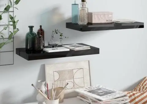 Rafturi de perete, 2 buc., negru extralucios, 50x23x3,8 cm, MDF - 1/5