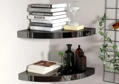 Rafturi colț perete, 2 buc., negru extralucios 35x35x3,8 cm MDF - 1/5