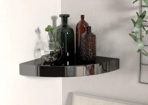 Raft colțar de perete, negru extralucios, 25 x 25 x 3,8 cm, MDF - 1/5