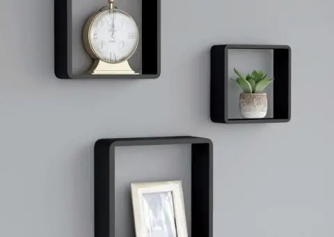 Rafturi de perete cub, 3 buc., negru, MDF - 1/5