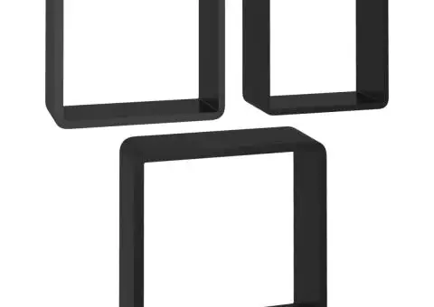 Rafturi de perete cub, 3 buc., negru, MDF - 2/5