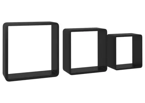 Rafturi de perete cub, 3 buc., negru, MDF - 3/5
