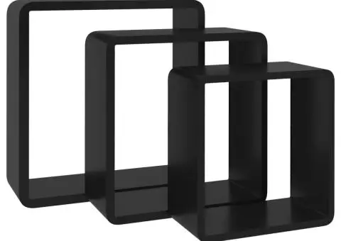 Rafturi de perete cub, 3 buc., negru, MDF - 4/5