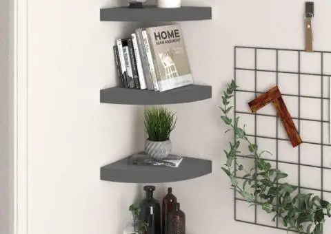 Rafturi colț perete, 4 buc., gri extralucios, 25x25x3,8 cm, MDF - 1/5