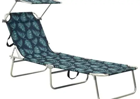 Șezlong pliabil cu copertină, imprimeu frunze, aluminiu - 1/5