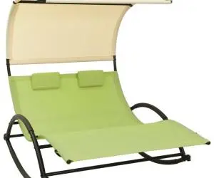 vidaXL Șezlong de plajă dublu cu baldachin, verde și crem, textilenă