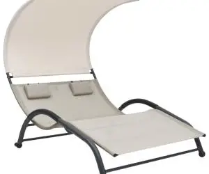 vidaXL Șezlong de plajă dublu cu baldachin, crem, textilenă