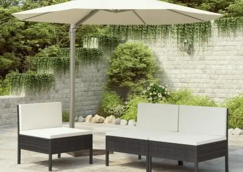 Scaune de grădină cu perne, 3 buc., negru, poliratan - 1/5