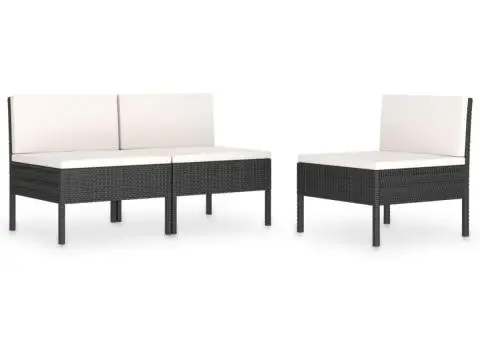 Scaune de grădină cu perne, 3 buc., negru, poliratan - 2/5