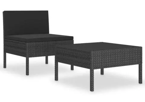 Set mobilier de grădină cu perne, 2 piese, negru, poliratan - 2/5