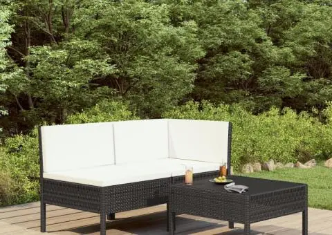 Set mobilier de grădină cu perne, 3 piese, negru, poliratan - 1/5