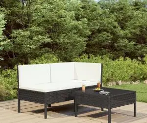 vidaXL Set mobilier de grădină cu perne, 3 piese, negru, poliratan