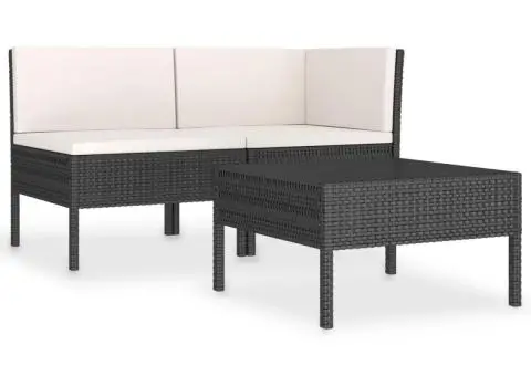 Set mobilier de grădină cu perne, 3 piese, negru, poliratan - 2/5