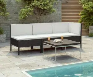 vidaXL Set mobilier de grădină cu perne, 3 piese, negru, poliratan