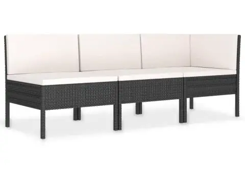 Set mobilier de grădină cu perne, 3 piese, negru, poliratan - 2/5