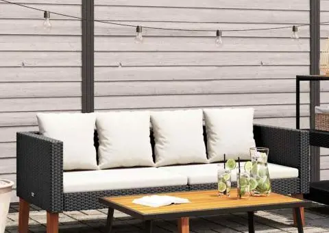 Canapea de grădină cu 2 locuri, cu perne, negru, poliratan - 1/5