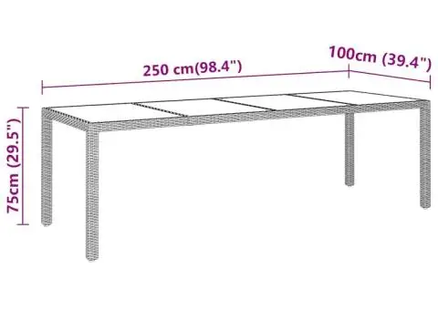 Masă de grădină negru 250x100x75 cm sticlă securizată/poliratan - 5/5