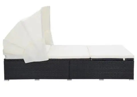 Șezlong de 2 persoane cu pernă, negru, poliratan - 3/5