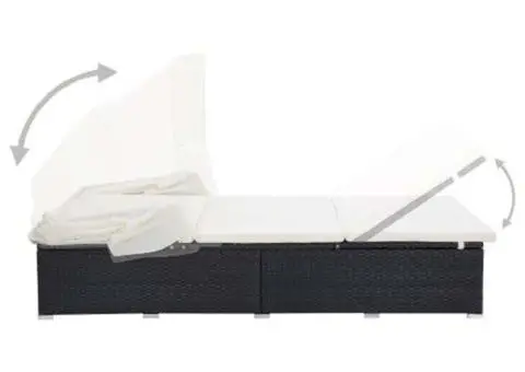 Șezlong de 2 persoane cu pernă, negru, poliratan - 4/5