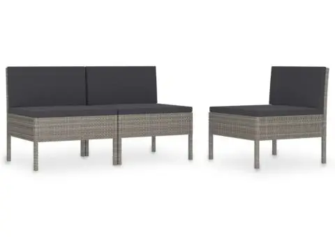 Scaune de grădină cu perne, 3 buc., gri, poliratan - 2/5