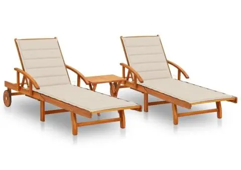 Șezlonguri, 2 buc., cu masă și perne, lemn masiv de acacia - 1/5